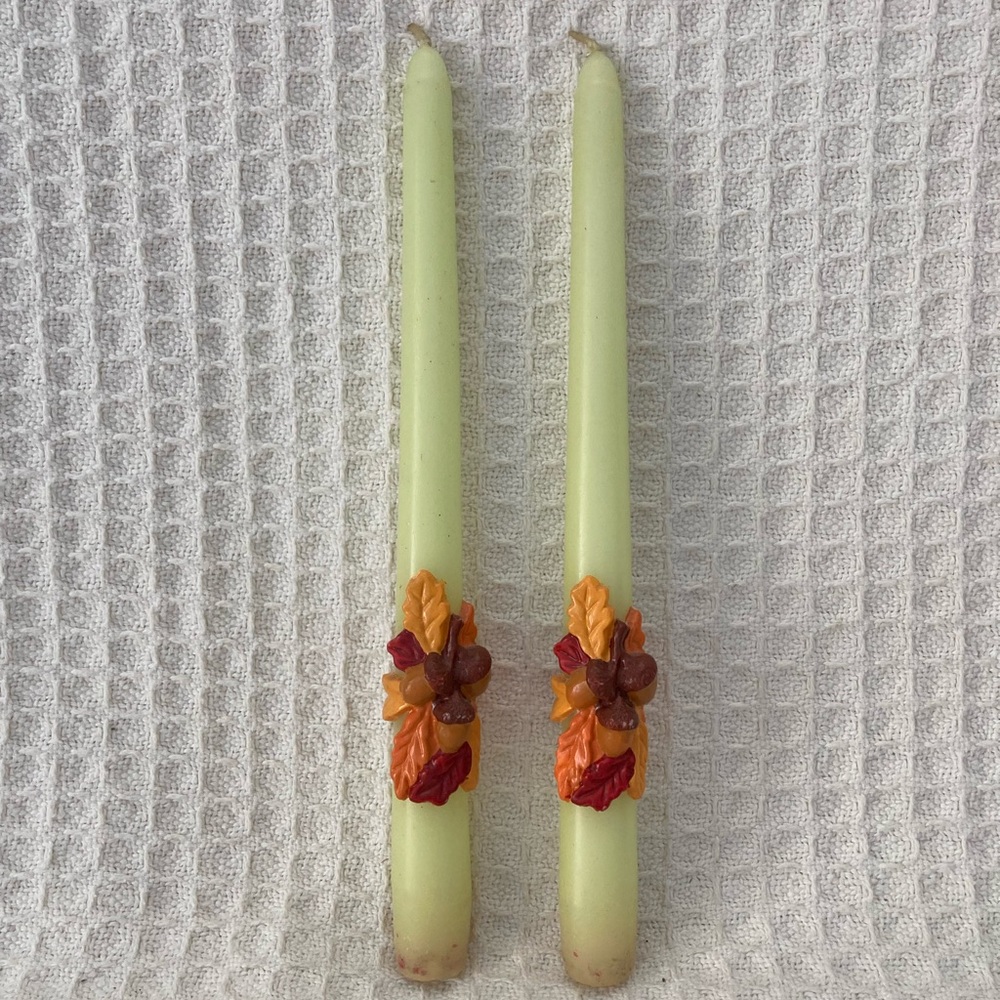 Vintage 10” Fall Theme Taper Candles Acorns & Leaves